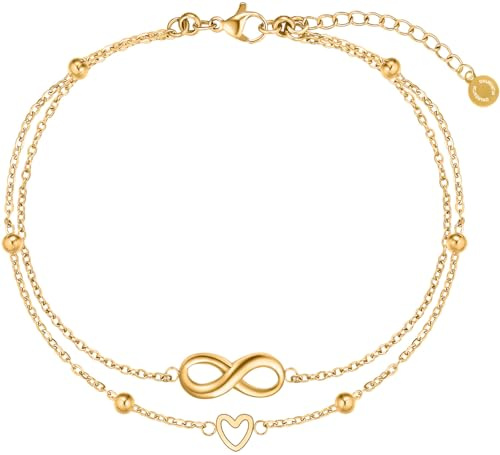 day.berlin Damen Fußkettchen Alia 18k vergoldet | zweireihige Fußkette mit Herz & Infinity Symbol, 316L Edelstahl, 22 cm + 5 cm verstellbar, nickelfrei und wasserfest