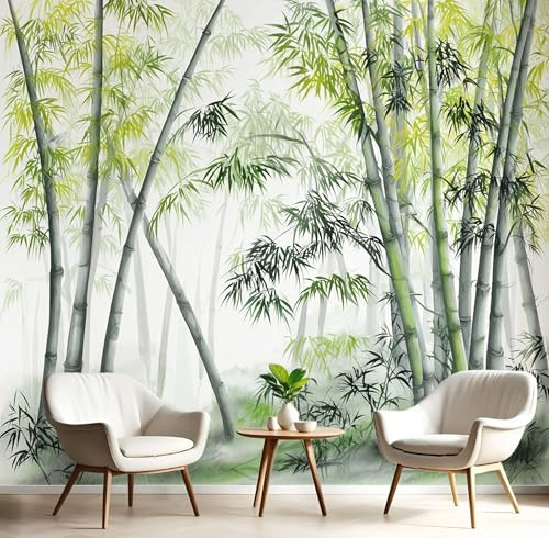 Panorama Carta Da Parati Grigio-Verde Foresta Di Bambù Fresca 250X170Cm Decorazione Da Muro Xxl Poster Cameretta Paesaggio Ad Acquerello Effetto 3D Per Soggiorno,Camera Da Letto,Sfondo Tv