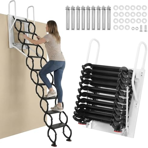 FASDRESS Wall-Mounted Attic Ladders for Indoor Storehouse Basement Garages Underground Passages, 440LBS Capacity, 10 Steps Pull Down Attic Ladder, Ceiling Mount Attic Staircase, Space-Saving- 8.4FT