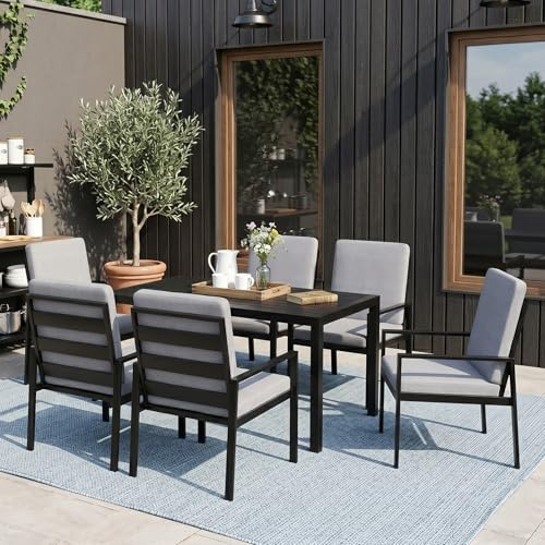 LANOX Gartenmöbel Set 6 Stühle mit Tisch – 7-teiliges Garten Essgruppe aus Metall & Aluminium, Gartentisch 140×80 cm, wetterfest, mit Kissen & WPC Tischplatte, Schwarz