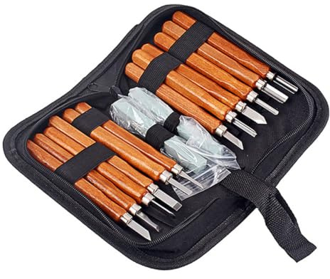 NUSITOU Kit para Tallar Madera 14 Piezas con Cinceles de Mango de Madera Dura y Piedra de Afilar, Incluye Bolso de Lona Resistente para Transporte y Almacenamiento, Adecuado para