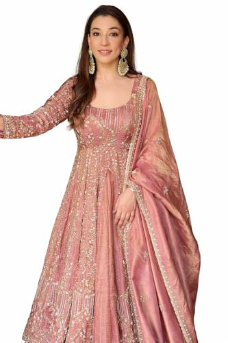 Dusty Rose Pink Embroidered Anarkali Gown with Dupatta, Festive & Wedding Wear (UK, Alpha, XL, Regular, Regular)