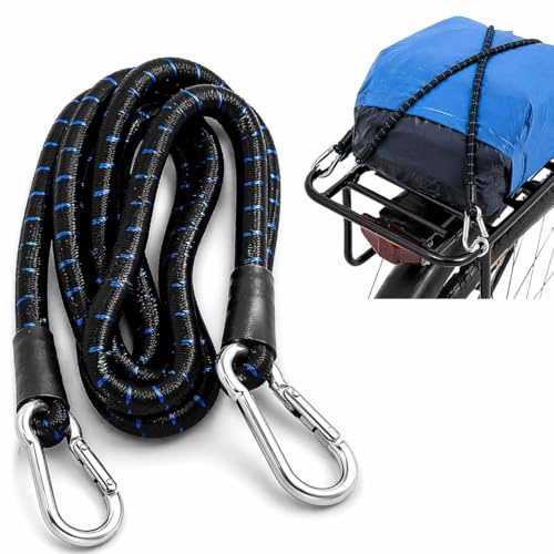 Corda Elasticizzata con Ganci Moschettoni 1,5mt, Multiuso, per Campeggio, Porta Pacchi, Valigia, Giardinaggio e Auto (NERO ROSSO/BLU 1,5mt)