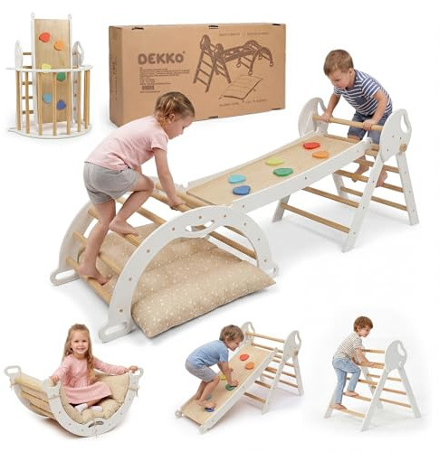 Dekko Climbing Frame for Toddlers, Indoor Baby Climbing Frame, Wooden Montessori Climbing Set with Slide, Arch & Ladder, Foldable Play Gym, Pine Wood, White
