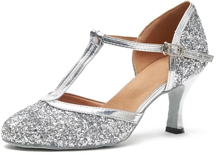 MINITOO Women's T-Strap Flared Heel Silver Glitter Latin Ballroom Dance Shoes Party Pumps UK 4