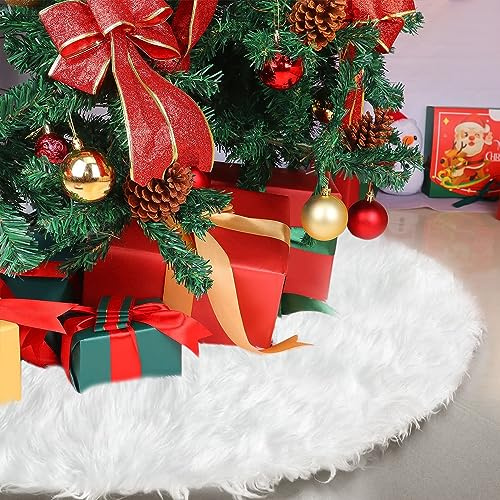 Christmas Tree Skirt, 36inch White Faux Fur Christmas Tree Skirt, Velvet Plush Xmas Tree Skirt for Christmas Tree Decoration