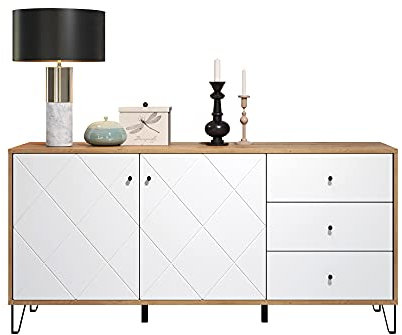 trendteam smart living - Touch - Sideboard - Artisan Eiche/Weiß - Highboard mit 2 Türen und 3 Schubladen - (BxHxT) 183 x 76 x 40 cm - moderne Metallfüße - kratzfest