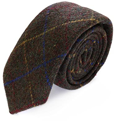 The Tie Co™ - Cravatta in tweed di lana, larghezza 7 cm, motivo tartan a spina di pesce e pied de poule, 24 tartan spesso marrone scuro, Taglia unica
