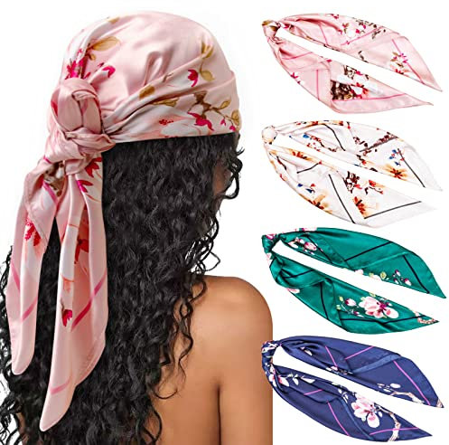 DRESHOW 4 Pack Pañuelos Satén Cuadrados Grandes Pelo Accesorios Seda de Playa Estampado Clásico para Mujer