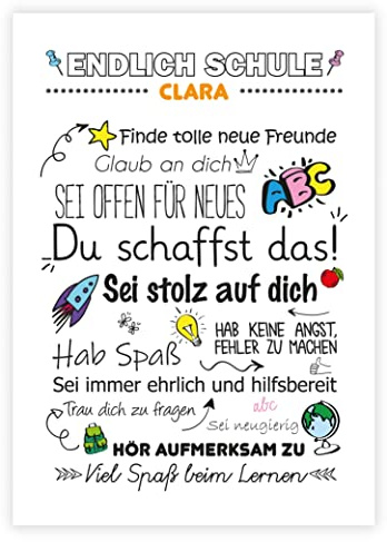 321GESCHENKE Personalisiertes Poster „Endlich Schule” Motivationssprüche, Kinderzimmer, Einschulung, Erster Schultag, Gastgeschenk, zum Schulstart, Motivation, Mutmacher Poster (Weiß)