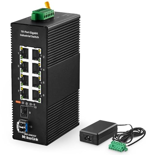 MokerLink Commutateur Ethernet 8 Ports Gigabit Industriel DIN chienen 2 Ports SFP avec 1 Module LC 20 KM, commutateur réseau IP40 Non géré (-40 à 185 °F), avec Bloc d'alimentation
