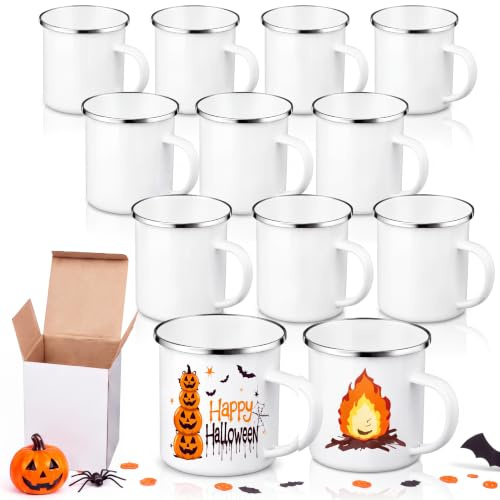 Mimorou Emaille-Tassen mit Sublimationsdruck, blanko, 340 ml, 12 Stück | Langlebige Emaille-Tasse mit silberfarbenem Rand, für Halloween, DIY, Camp-Party, Geschenk, Büro, Event, Picknicks