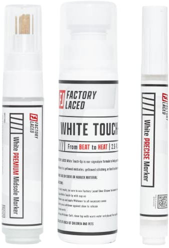 FACTORY LACED Sneaker Reiniger Weiß Set inklusive Weißer Ausbesserungsstift, Premium-Zwischensohlenmarker und präziser weißer Marker – Sicher auf Leder, Gewebe, Nylon und mehr