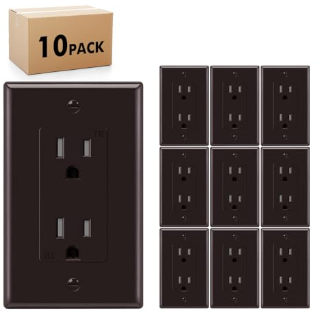 KULED Decorator Receptacle, 15A 125V Standard Electrical Wall Outlet, Tamper Resistant, Grounding UL Listed (10 Pack, Brown, 15A Outlet with wallplates)