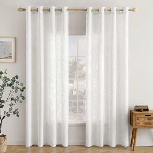 EMEMA Gardinen Vorhänge Leinenvorhang mit Ösen Voile Vorhang Leinenoptik Modern Halbtransparent für Wohnzimmer Dekoschal Kinderzimmer Schlaufenschal Küchengardinen 2er Set 140x225cm (BxH) Reines Weiß