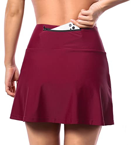 2-i-1 vadderade cykelshorts för damer under kjol & cykelkjol, Cykelkort med 5D Gel Pad, högmidjade cykelshorts för damer med fickor, Cykelshorts Kjolar(Size:L,Color:Röd)