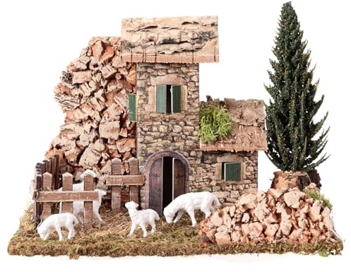 Holyart Rustikales Häuschen mit Gehege und Baum, Krippenzubehör, für 8 cm Krippe, 15x20x15 cm