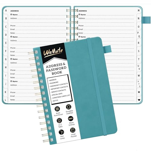 WEMATE Carnet d'adresses en spirale avec onglets alphabétiques, carnet de mots de passe en cuir, organisateur d'adresses, journal, pour personnes âgées, bureau à domicile, 5,8 × 8,2Vert