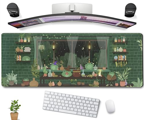 Kawaii Frog Mouse Pad Cute Green Anime Frogs Desk Mat, XL Large Gaming Mousepad for Women Girl Gamer Office Desktop Decor Computer Laptop Keyboard Mouse Mat 31.5''x11.8'', Plant Floral Desk Pad