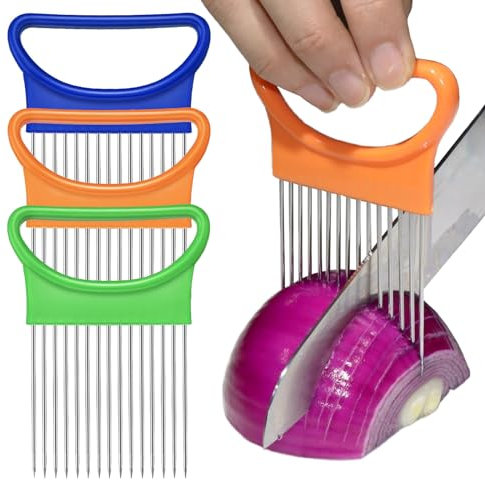 FANTEXY 3Pieces Onion Holder for Slicing, Stainless Steel Onion Cutter for Slicing, Potato Lemon Slicer Tomato Slicers Kitchen Comb for Vegetables, Fruit and Meat