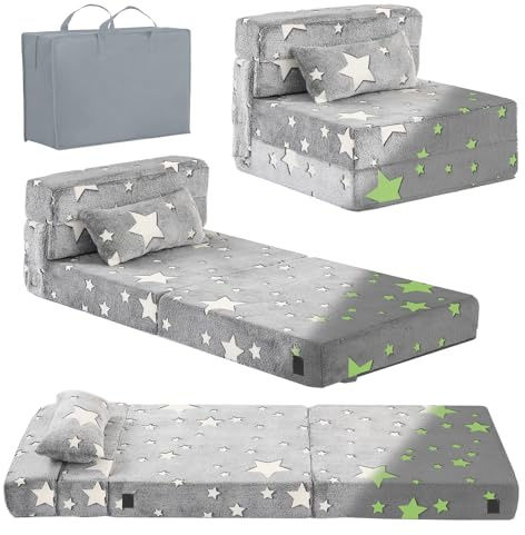 Tiita Kids Folding Sofa Bed Floor Mattress, Trifold Futon Mattress Kids Fold Up Bed, Toddler Fold Out Couch, Foldable Toddler Floor Bed Nap Mat with Storage Bag, Grey Star