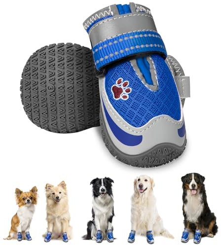 SlowTon Hundeschuhe Pfotenschutz, 2 Stück atmungsaktive Hundeschuhe mit Rutschfester Sohle, verstellbarem reflektierendem Klettverschluss wasserdichte Hundeschuhe für kleine, mittlere und große Hunde
