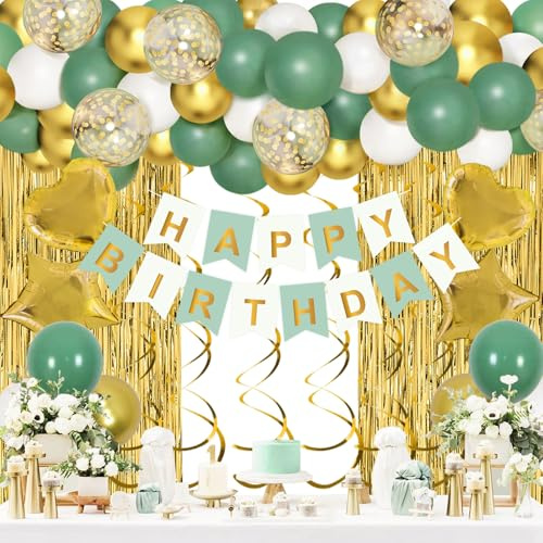 Grüne Luftballons Geburtstagsdeko Set, Luftballons Grün Gold,Happy Birthday Banner,Lametta Vorhang Goldene,Konfetti,Salbeigrün Ballons Für Party Deko Geburtstagsdeko Taufe Deko Hochzeit