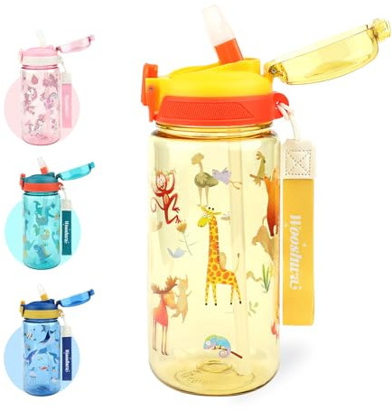 Trinkflasche Kinder Auslaufsicher, Wasserflasche mit Strohhalm, Tiere | Einhandöffnung, Kindergarten Schule Sport Flasche für Mädchen Jungen, Tragegriff BPA-frei Spülmaschinenfest 600ml