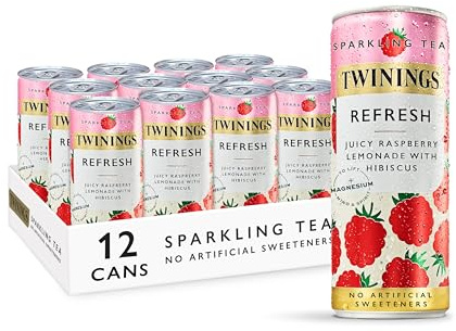 Twinings Refresh Sparkling Tea, Raspberry & Lemon, 12 x 250ml Cans | Non-Alcoholic, Low Calorie Soft Drink, No Added Sugar, No Artificial Sweeteners, Low Caffeine, Green Tea Infusion, Iced Tea