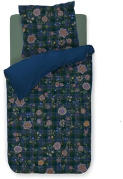 Pip Studio Bettwäsche Flores Felices Dunkelblau Perkal Blüten Kariert Zweige Blätter Beeren Blüten, Größe:135 cm x 200 cm