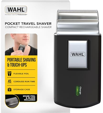 Wahl Reiserasierer-Set, wiederaufladbar, flexible Folie, inklusive Zahnbürste, Nagelfeile, Schere, Pinzette, Kamm, keine Kerben, perfekt für Reisen, klein, Reiseetui