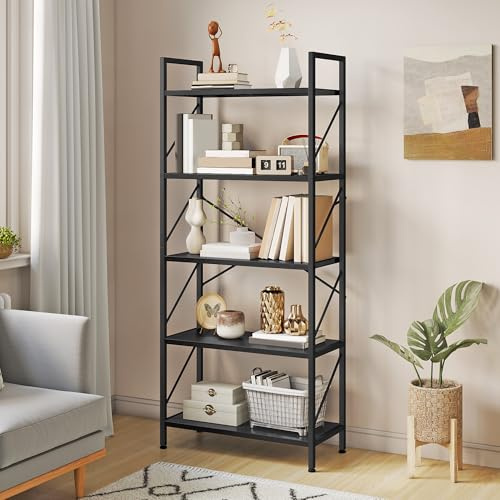 YITAHOME Bookshelf, 5 Tiers Bookcase Tall Book shelf with Metal Frame, Industrial Display Storage Rack, Shelving Units for Living Room Bedroom Home Office Kitchen, Black Book Shelves