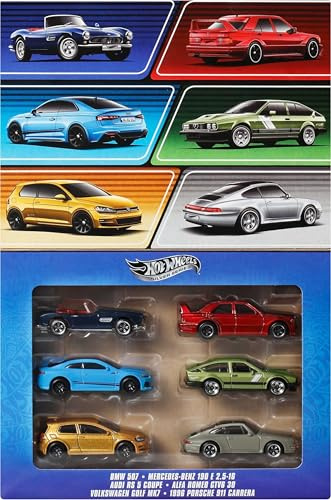 Hot Wheels Druckguss-Spielzeugautos im Maßstab 1:64, Set mit 6 europäischen Fahrzeugen mit erhöhtem Dekor (Stile können variieren)
