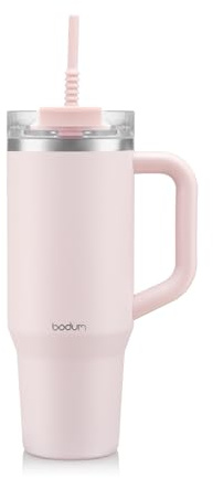 Bodum Travel Mug Tumbler 1,2 L Powder Pink – Bouteille en métal rose avec paille, poignée et couvercle – Passe au lave-vaisselle – Pour boissons froides et café chaud