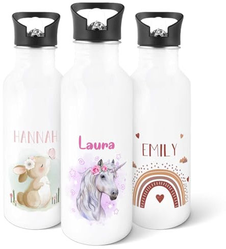GRAVURZEILE - Bedruckte Trinkflasche aus Edelstahl - Einhorn - Personalisiert mit Namen - 600 ml - Auslaufsicher mit klappbarem Mundstück und integriertem Trinkhalm