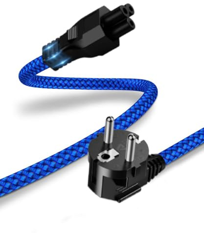 Goalfish Netzkabel 3 Polig 1m, Schutzkontakt Typ F 90°auf C5 Buchse,Blau | Stromkabel Kaltgerätekabel mit VDE, Nylon-Geflecht, Für TV Monitor PC Bildschirm Laptop Notebook Netzteil E-Scooter und mehr