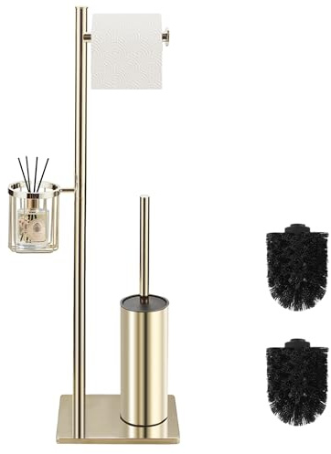 DAZI Set di Scopino bagno WC con porta carta igienica e cestino porta oggetti, Scopino WC in accio Inox Autoportante, porta carta igienica da terra 3 in 1 Stile minimalista salvaspazio