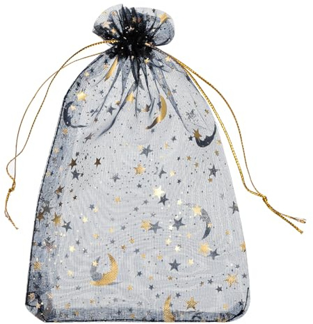 QUARKZMAN 50 Stück Organzasäckchen, 13x18cm Geschenksäckchen Schmuckbeutel Moon-Star-Muster Mesh Säckchen mit Zugband, Organzabeutel für Hochzeit Party Süßigkeiten, Schwarz-Gold