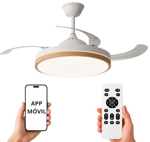 NARVI Ventilador de techo con 3 Palas retráctiles, Motor DC, Luz Led Regulable en intensidad y color Con memoria Mando a distancia Blanco y Madera Haya 45w