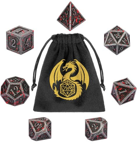 Set di Dadi in Metallo DND, 7 pezzi di Dadi Poliedrici, Accessori per Giochi di Ruolo e da Tavolo, Regali D&D con Borsa Regalo, D20, D12, 2 D10 (00-90 e 0-9), D8, D6 e D4, Argento Macchiato di Sangue