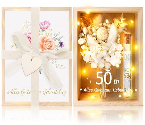 MOTONG Geldgeschenke Geburtstag,50.Geburtstagsgeschenk für frauen Und Mann 50th Happy Birthday Kreative Geldgeschenk Verpackung Geschenkbox aus Holz mit Weiß Trockenblumen Reagenzglas Lichterketten