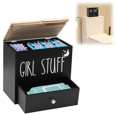 TOWEBOORY Bindor förvaring badrum, tamponghållare för badrum tamponger förvaring badrum med låda och lock trä förvaringslåda hygienartiklar för flickor, kvinnor, damer (svart)