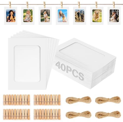 Staranry 40 Piezas Collage Fotos, 11.5 x15.5 cm Portafotos con 40 Pinzas de Madera y 4 Cuerda, Cuadros Personalizados con Foto, Ideal Dormitorio Salón Bodas, Cumpleaños, Aniversarios(Blanco)