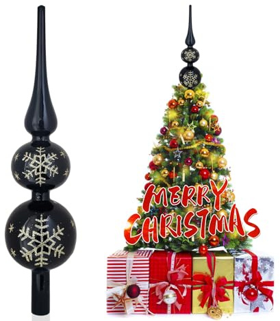 SKYYUE Christbaumspitze Glas Weihnachtsbaumspitze Matt Christbaumspitze Schwarz 31 cm Christbaumschmuck Spitze, Baumspitze Weihnachten Tannenbaum Spitze Schwarz Christmas Tree Topper (Schwarz Gold)