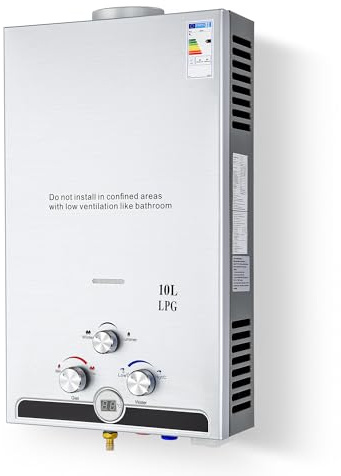 CO-Z Chauffe-Eau à Gaz Instantané 10LPM 17kW LPG GPL au Butane Propane avec Modes Hiver et Eté Sans Réservoir en Acier Inoxydable CE Certifié Portable pour Maison Camping Caravane