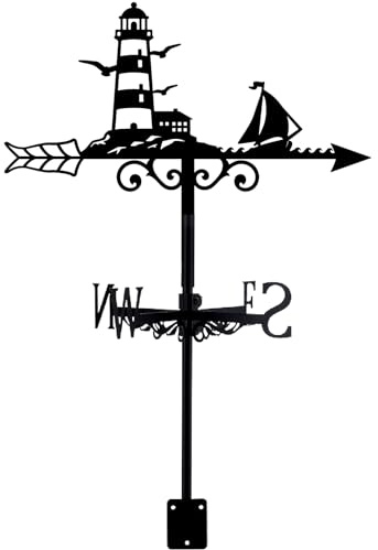 PRESSINART Leuchtturm Wetterfahne Außen Garten Wetterhahn Schwarz Segelboot Muster Eisen Dekorativ Windrichtungsanzeiger Werkzeug Für Bauernhof Schuppen Hof Dach Dekoration 9,9 x 14 Zoll