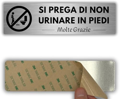 LEIASA | Cartello Non Urinare in Piedi - 5x18 cm - Alluminio - Bagno Pulito | Adesivo Vietato Urinare, Targa WC Igiene, Segnale Urinare da Seduti, Avviso Toilette Uomini, Placca Servizi Igienici