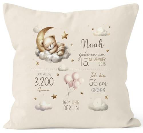 SpecialMe® Kissen-Bezug Geburtsdaten personalisierte Namensgeschenke Taufe Kissen-Hülle Baumwolle Dekokissen Babyzimmer Natur Standard