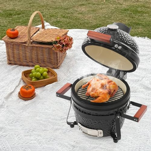 Kolgrill kolgrill utomhuskök, keramisk grill med rostfritt stål grillplatta och inbyggd termometer, för små grillkvällar, picknick, grillfester, camping