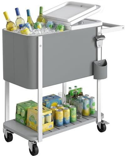 Outsunny Carrito Nevera de 56L con Ruedas con Estante 84x38x83 cm Gris | Carro de Bebidas, Abrebotellas, Recogetapas, Drenaje y Asa, Mesa Nevera Jardín Exterior, para Patio, Fiesta, BBQ